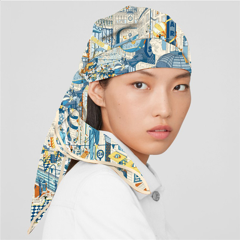 Sarongs Manual Hand Rolled Silk Scarf Women City Print Square Scarves Wraps Echarpes Curled Foulard Femme Bandana Hijabs 90CM 230508