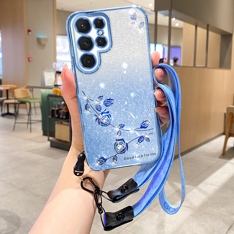 S25 Edge Crossybody Strap Flower Bling Diamond Cases For Samsung S24 Ultra Plus A17 A07 A26 A06 A36 A56 A15 A05S A05 A25 Gradient Glitter Soft TPU Chr