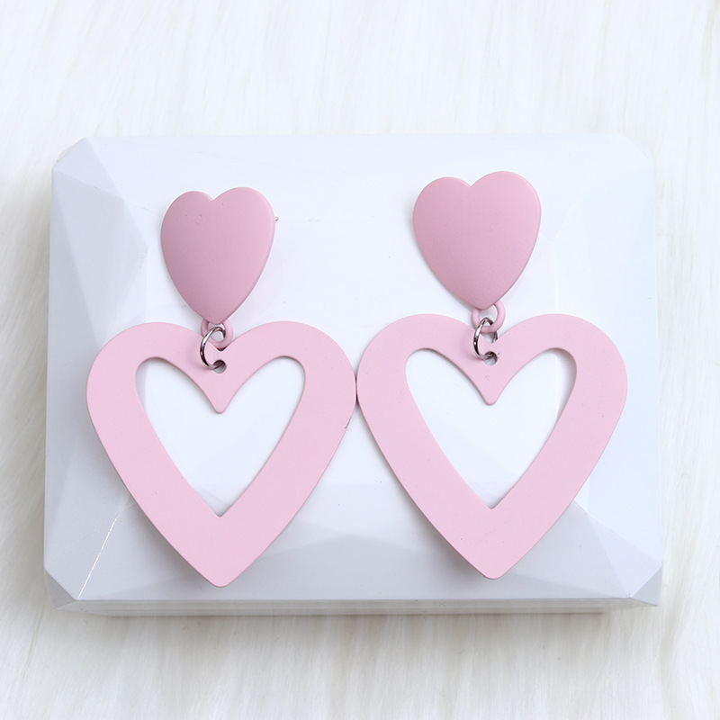Women Hot Pink Studs Metal Alloy Love Heart Drop Earrings Summer Bohemia Beach Dangles Candy Geometric Statement Jewelry Valentine's Day Gifts fo