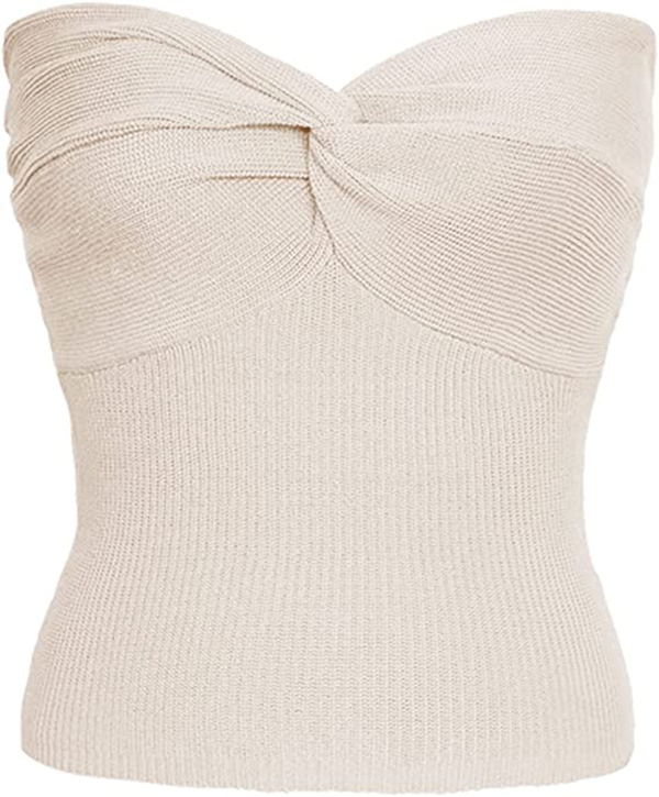 Womens Strapless Crop Top Sweetheart Neck Ribbed Knit Twisted Knot Front Sleeveless Y2K CamisoleTanks Top