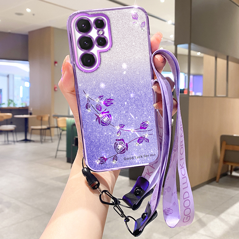 S25 Edge Crossybody Strap Flower Bling Diamond Cases For Samsung S24 Ultra Plus A17 A07 A26 A06 A36 A56 A15 A05S A05 A25 Gradient Glitter Soft TPU Chr