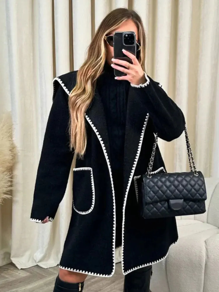 Womens Wool Blends Women Fleece Splied Hooded Coat Elegant Plush Quilted Pocket Warm Jacket Loose Chic Streetwear Outwear Autumn Winter 231110