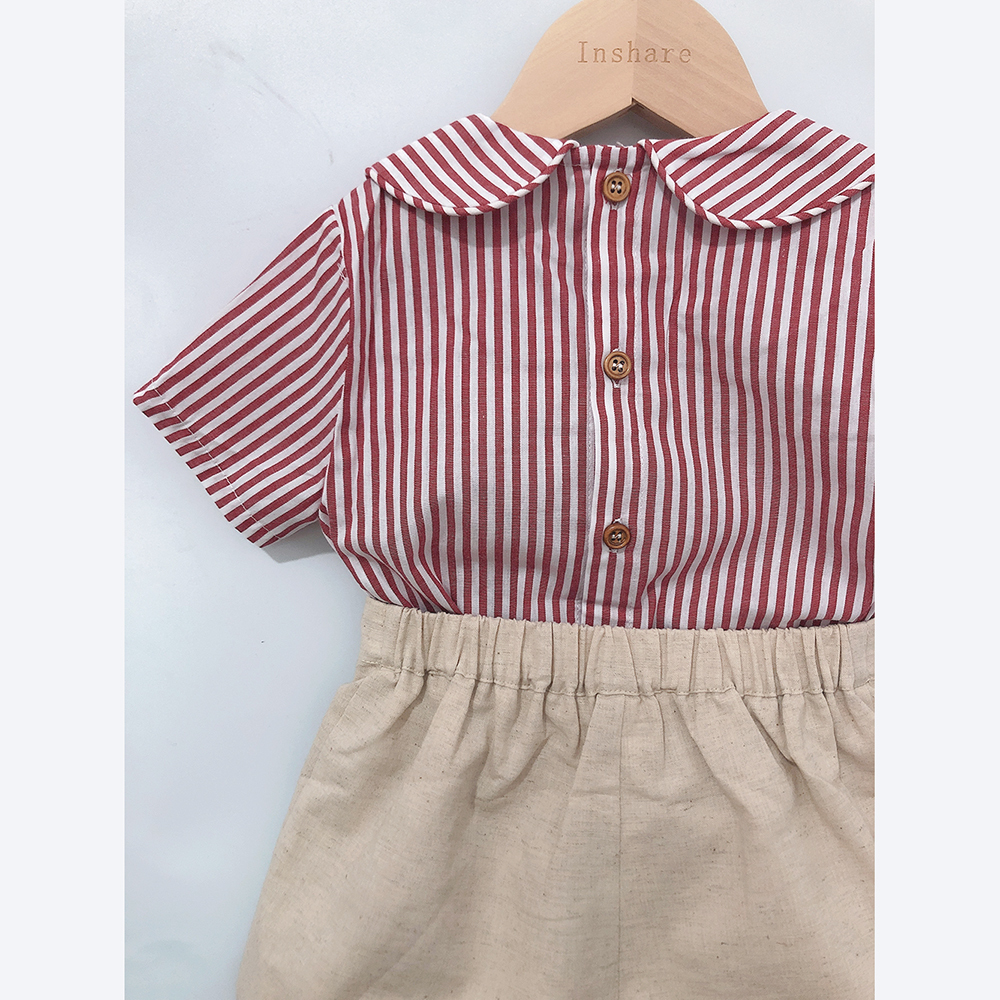 Clothing Sets 2-piece children's boutique clothing set Spanish baby short sleeved cotton linen striped set suitable for girls and boys' Eid 