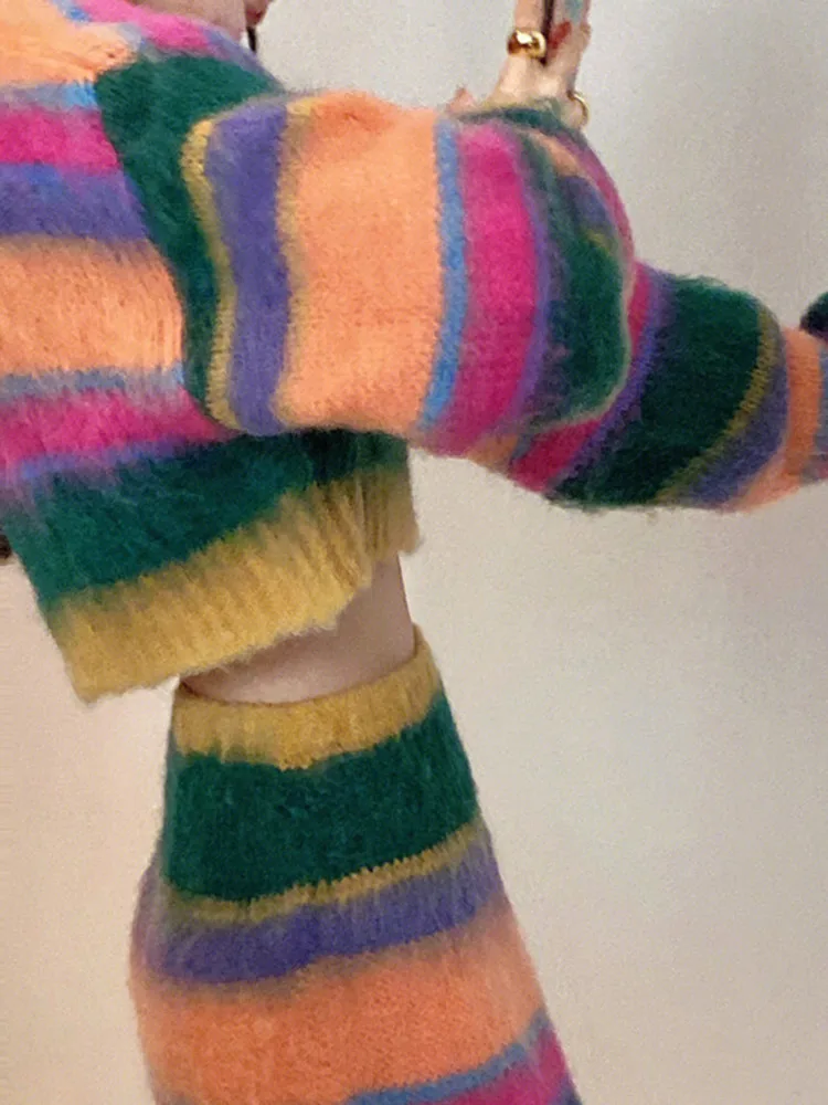 Two Piece Dress Luxury Style Rainbow Knitting Fashion Set Women's 2 Piece Autumn Long Sleeve Pullover Short Sweater Mini Skirt Suits Outfits 2024
