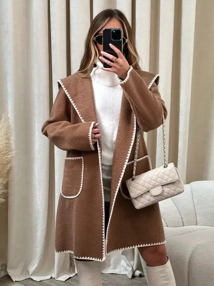 Womens Wool Blends Women Fleece Splied Hooded Coat Elegant Plush Quilted Pocket Warm Jacket Loose Chic Streetwear Outwear Autumn Winter 231110