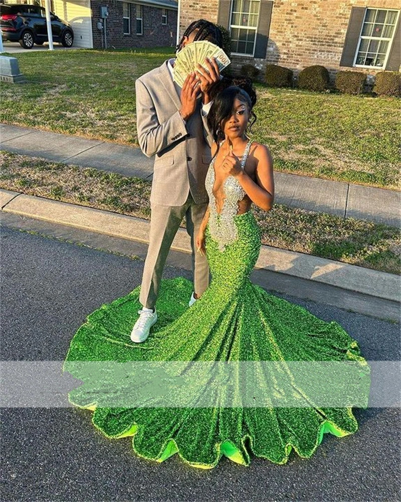 Glitter Green Sequins Long Mermaid Prom Dresses For Black Girls 2023 Beaded Crystal Straps Sparkly Birthday Party Gowns Robe De Bal