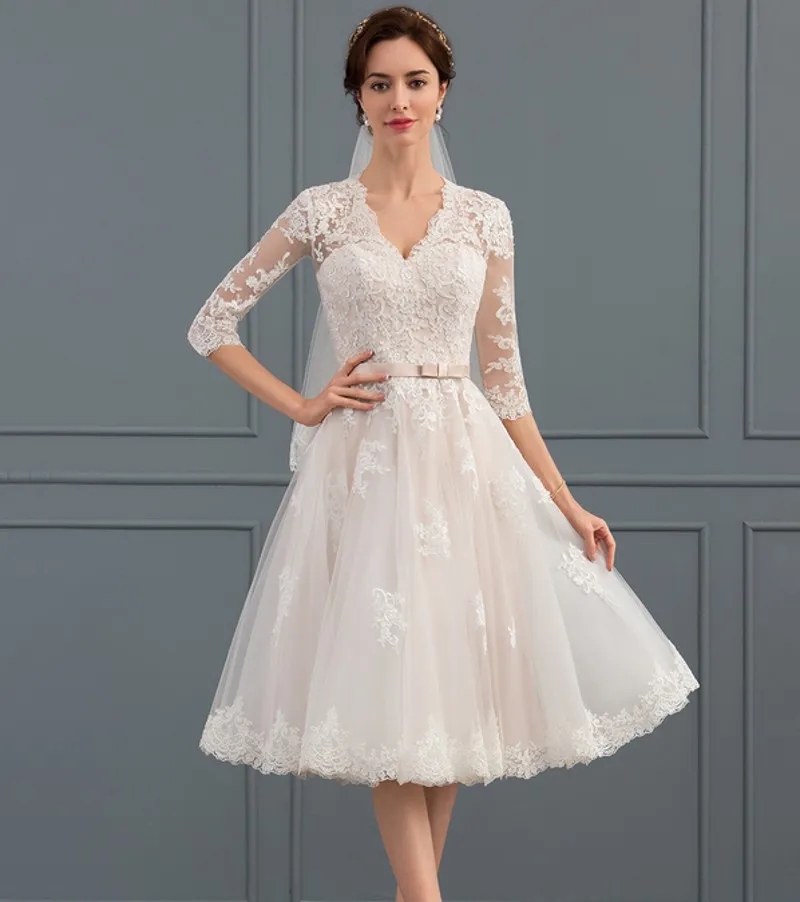 Classic Short Wedding Dress 2024 A-e V-neck Half Sleeves Knee-Length Tulle Lace Garden Bridal Gown Bride Shower Vestidos De Noiva