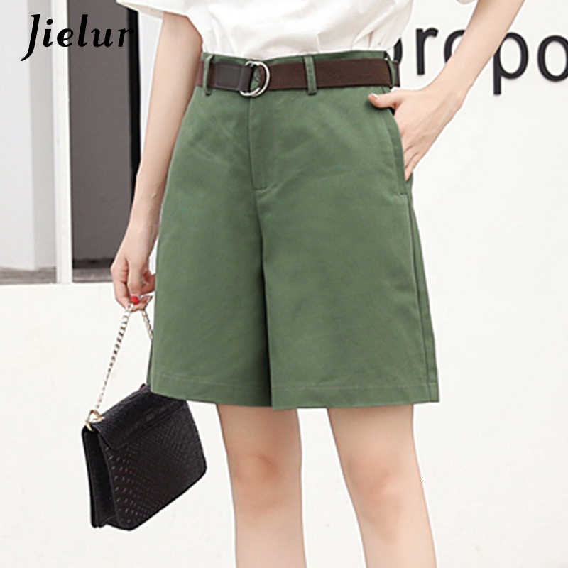 Women's Shorts Jielur Korean Fashion Casual Summer Shorts Women's Loose Wide Leg Pantalon Women's Belt Green White High Waist Shorts Wo