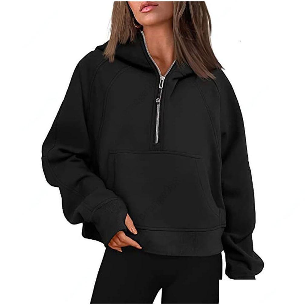 Lemens-43 Autumn Winter Yoga Suit Scuba Hoodie Half Zip Womens Sports Sweater Loose Gym Jacket Fiess Short Plush Coat Drop Deliver Dhd7A