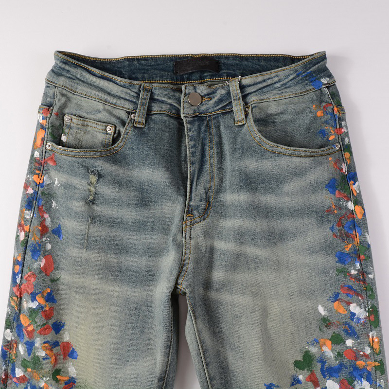 Casual men high street washed multi pocket blue splatter skinny light elastic jean
