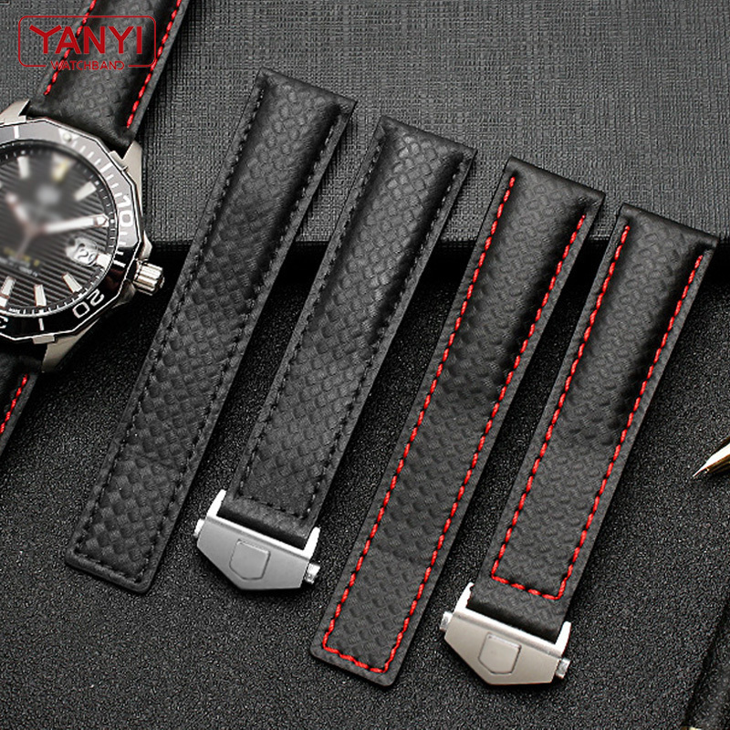 Watch Bands Carbon fiber pattern genuine leather strap 20mm 22m suitable for labeling He uer watch strap 230410