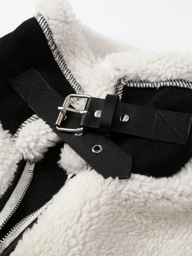 Womens Jackets Fashion Patchwork Furry Jacket For Women Gentle Panelled Thick Warm Lambswool Fleece Coat Zipper Pocket Lady Outwear 231110