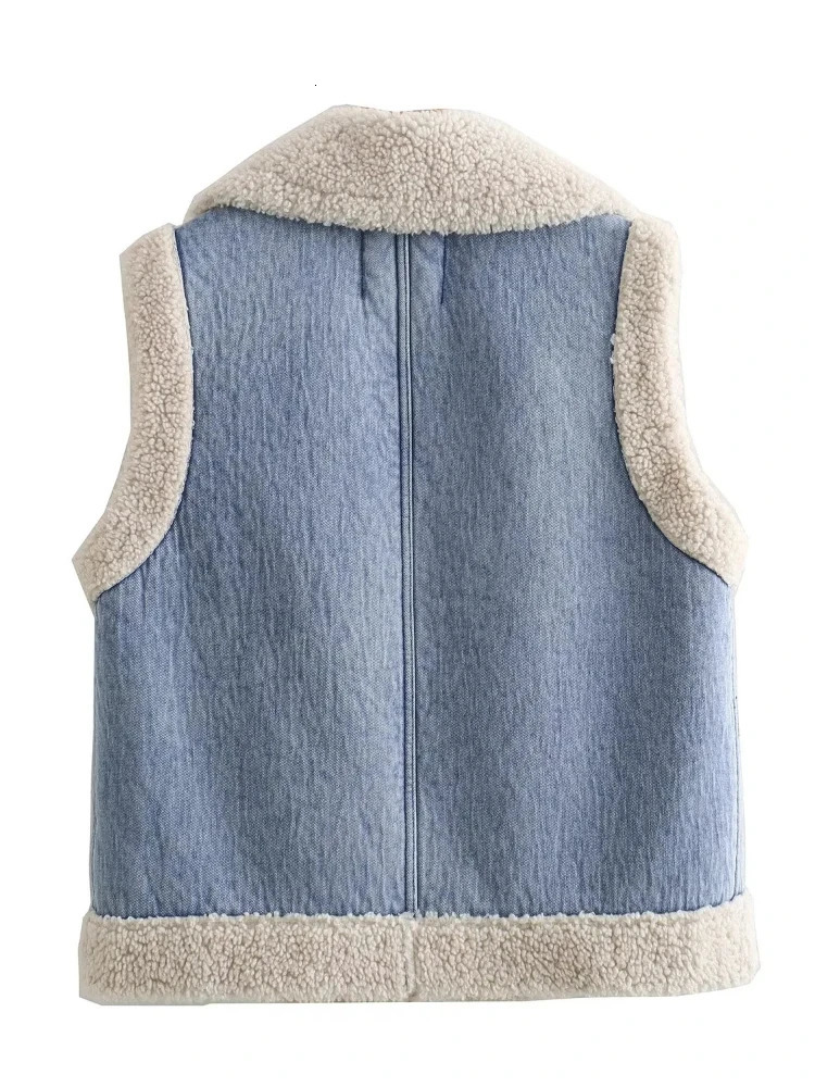 Womens Fur Faux Lambwool Plush Waistcoat Jackets Sleeveless Thicken Retro DoubleFaced Cotton Vest Denim Fabric Patchwork Vests Women 231110