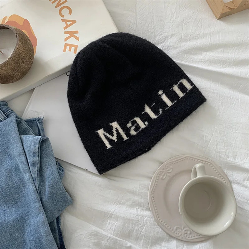 Beanie/Skull Caps Korean Letter Knitted Cap Women Dome Bag Head Vintage Versatile Beanie Men Hip-Hop Autumn Winter Warm Ski Hat Trending Y2k Kpop 2311