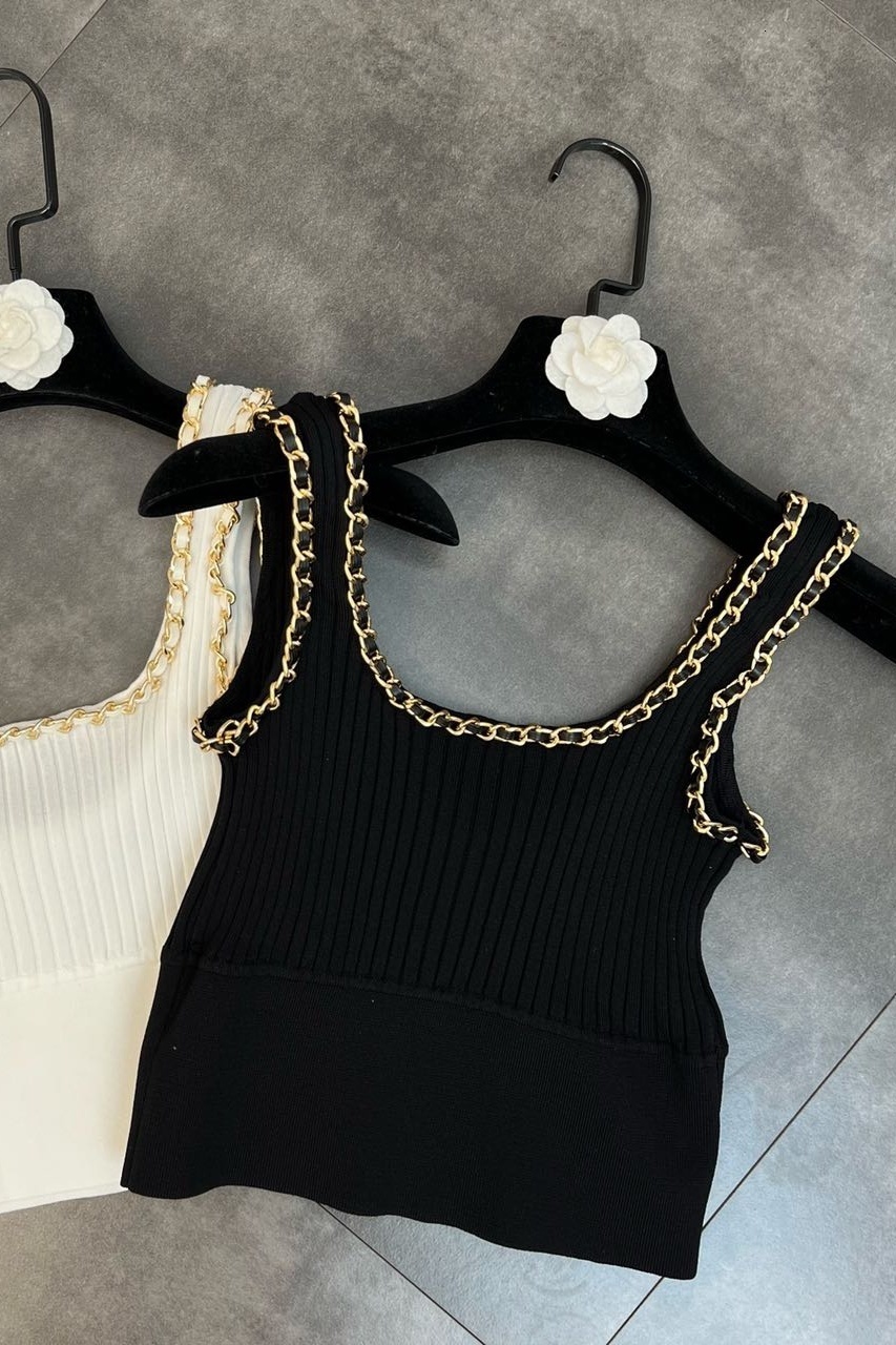 Camisoles Tanks PREPOP Summer Sleeveless Metal Chain Square Neckline Ultra Thin Knitted Tank Top Women's Tank Top GE919 230410