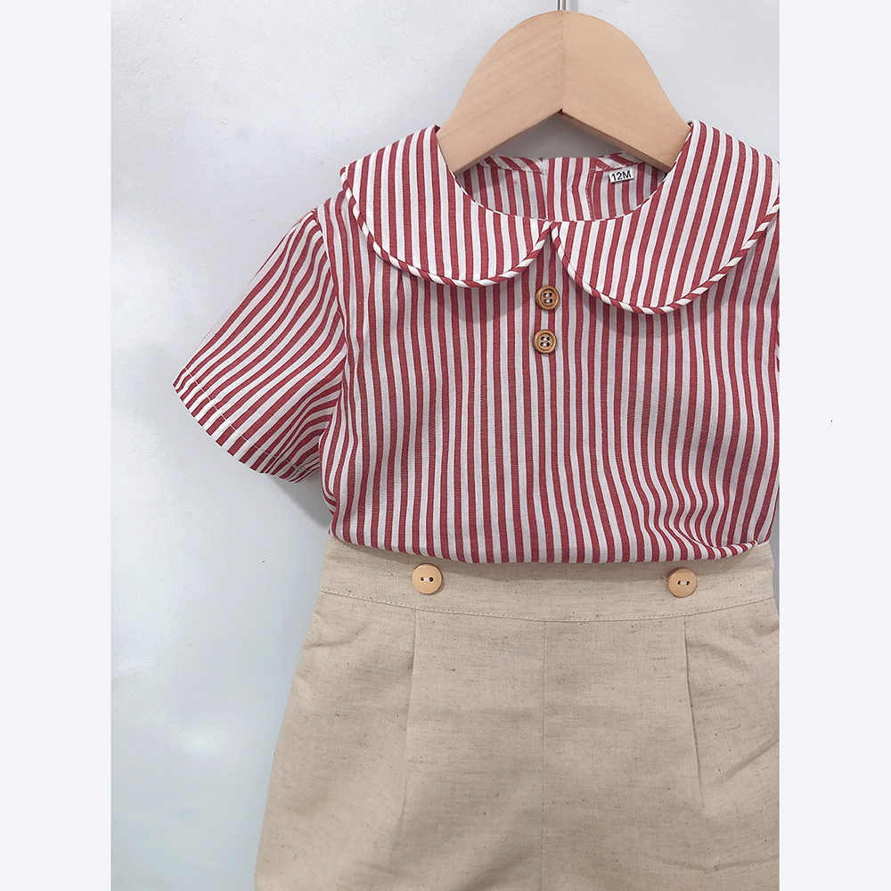 Clothing Sets 2-piece children's boutique clothing set Spanish baby short sleeved cotton linen striped set suitable for girls and boys' Eid 