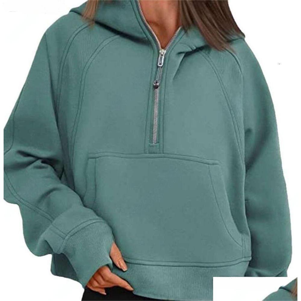 Lemens-43 Autumn Winter Yoga Suit Scuba Hoodie Half Zip Womens Sports Sweater Loose Gym Jacket Fiess Short Plush Coat Drop Deliver Dhd7A