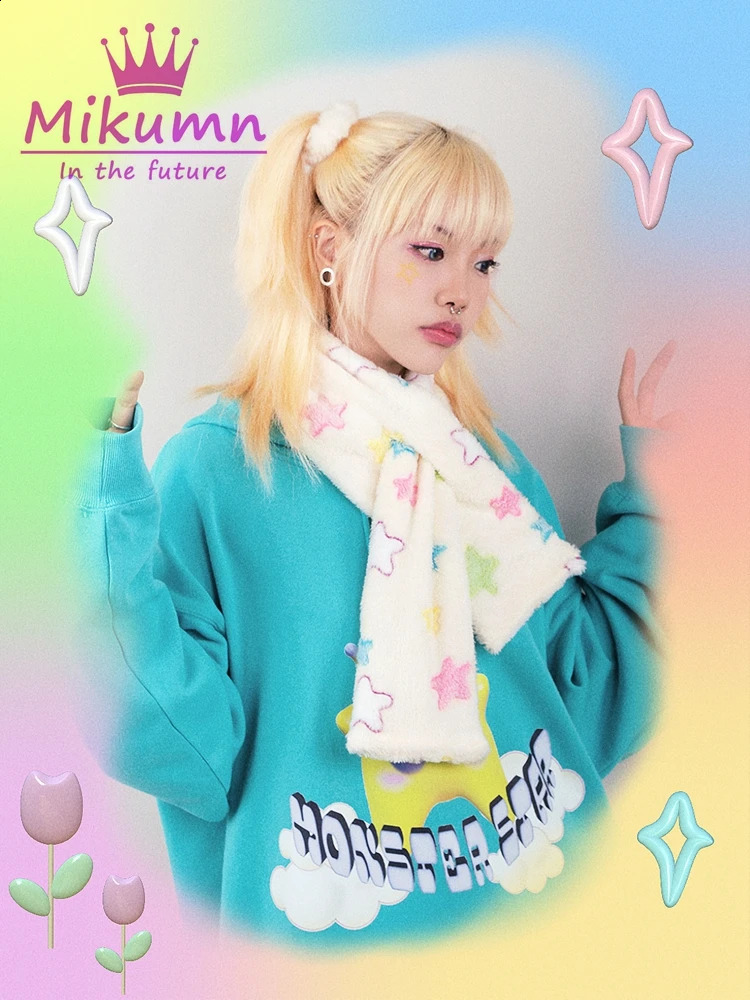 Beanie/Skull Caps Mikumn Harajuku Y2k Lovely Colorful Star With Braid Cat Ear Plush Hat Women Girls Chic Winter Warm Casual Cap 231109