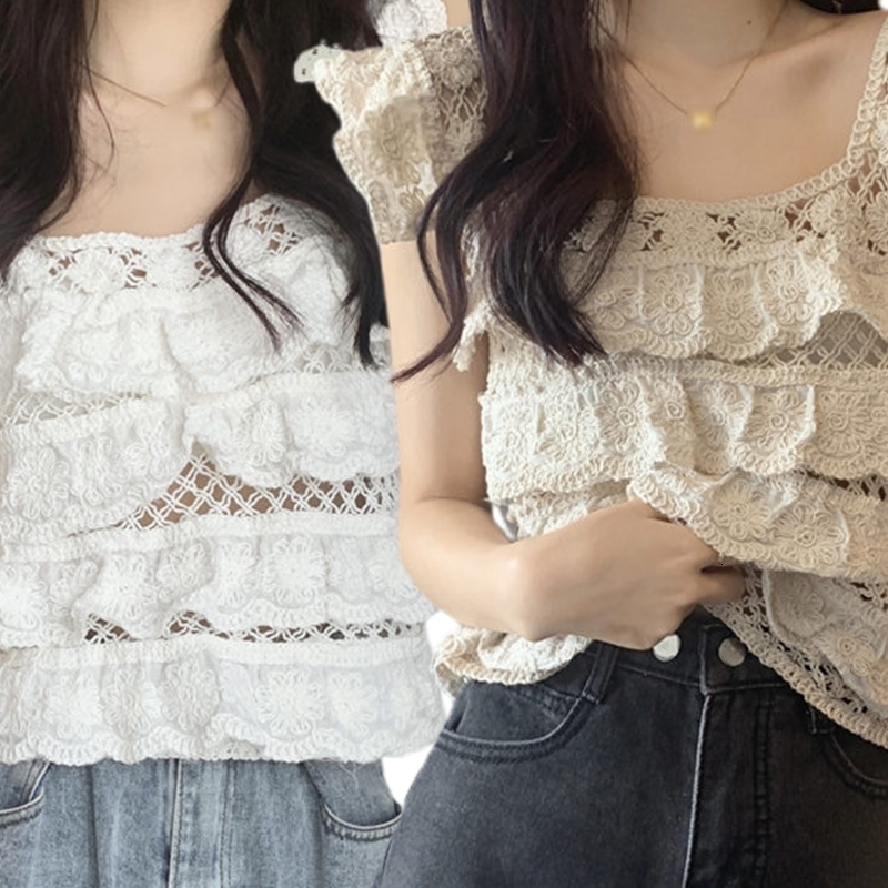 Camisoles Tanks Women's crochet lace sleeveless crop vest with retro square neckline and laminated pleated hem vest hollow knit top 230410