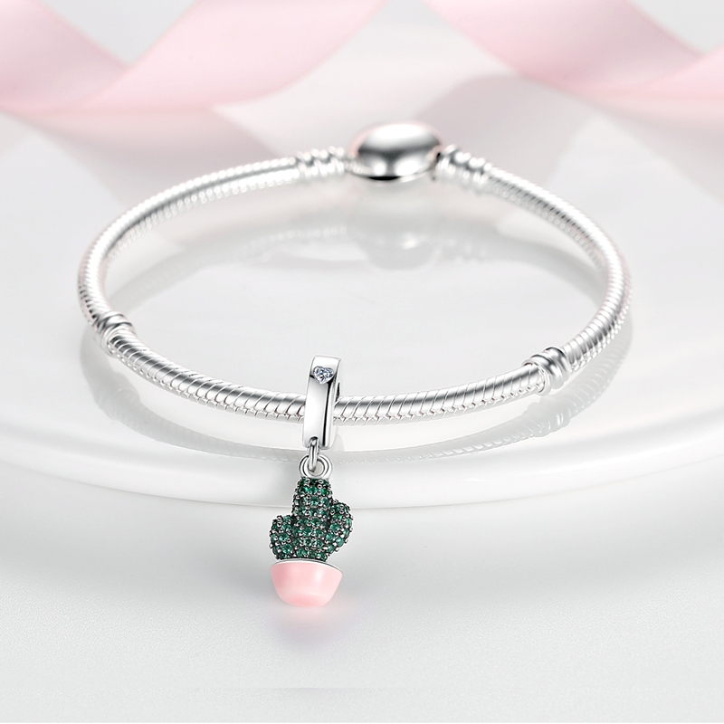 925 Sterling Silver Charm Green CZ Fairy Palm Suspension Pink Porcelain Master Beads Suitable For Ladies Bracelets Primitive Character Jewelry Gift
