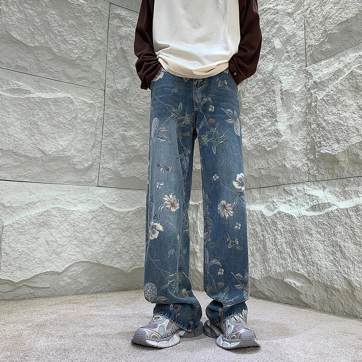 Men's Jeans Mens Fashion Printed Jeans Autumn Floral Denim Mopping Trousers Korean Style High Street Loose Hip Hop Wide-leg Jean Pants 231109