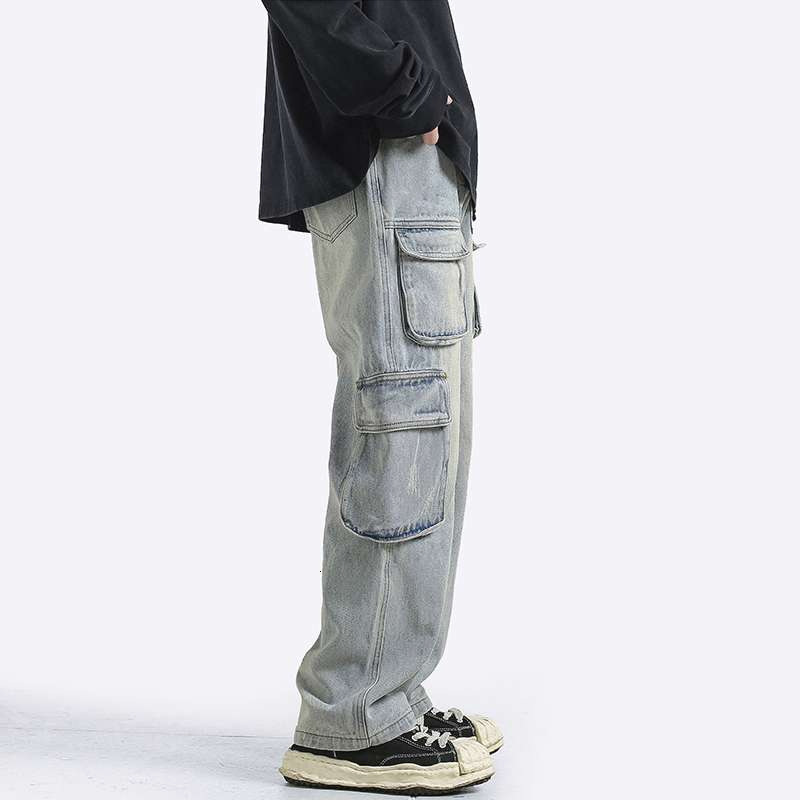 Men's Jeans DEEPTOWN Vintage Cargo for Men Loose Multipocket Denim Pants Distressed Straight Trousers Male Retro Streetwear Hip Hop 230410