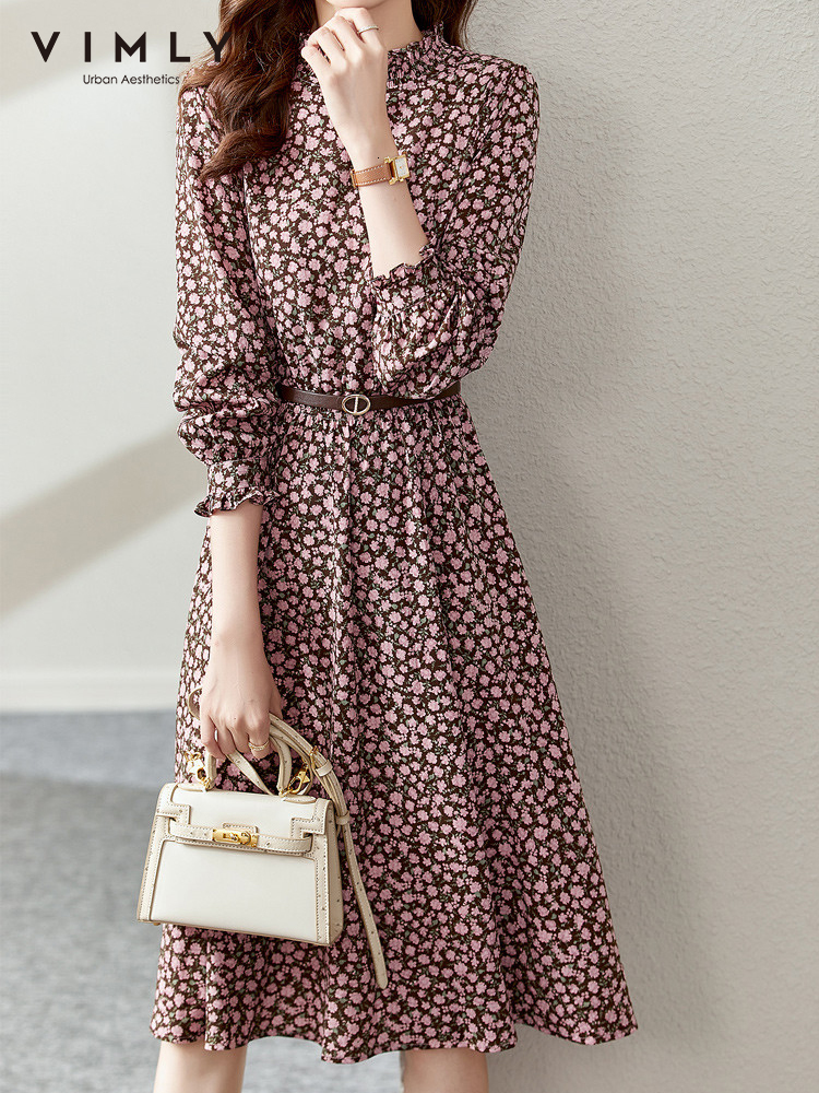 Casual Dresses VIMLY Elegant Midi Women's Party Dress Spring Fashion Line Ruffled Neckline Long Sleeves with Clothing Flower Dress 230410