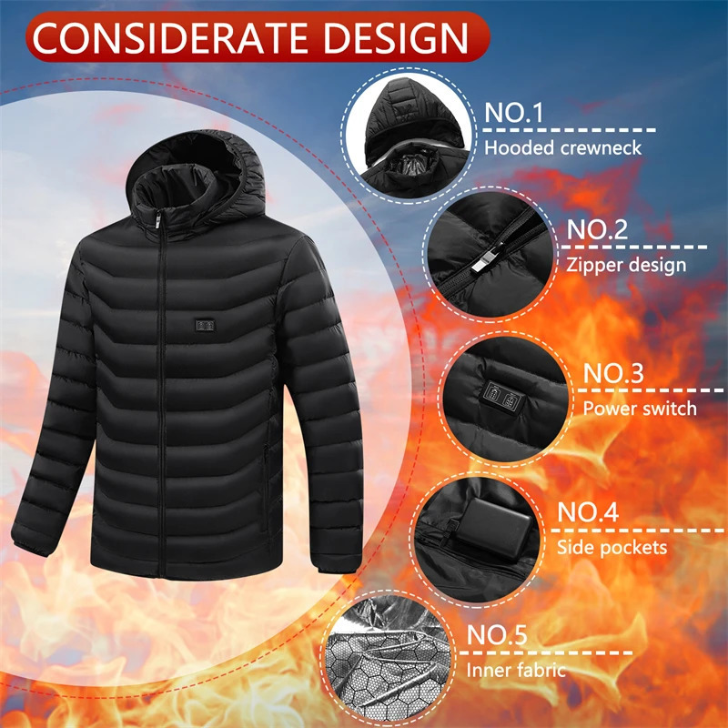 Men's Down Parkas USB Heating Jackets Men Winter Warm Heated Parkas 21 Zones Electric Heated Jacket Waterproof Washable Warm Jacket Coat Plus Siz