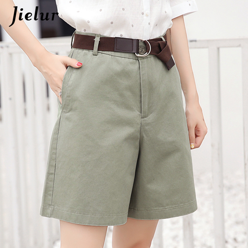 Women's Shorts Jielur Korean Fashion Casual Summer Shorts Women's Loose Wide Leg Pantalon Women's Belt Green White High Waist Shorts Wo