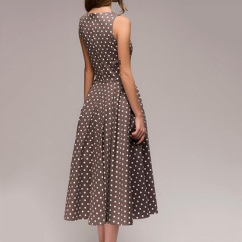 Casual Dresses Retro Summer Dress Sleeveless O-Neck Tank Top Women's Elegant Thin Dot Print Mid calf Casual Dress 230410