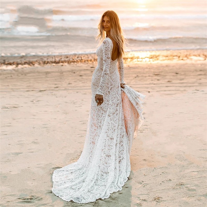 Lace Boho Wedding Dress for Women 2023 Long Sleeve Side Slit Backless Beach Bride Dresses Bridal Gowns Vestido De Noiva Mariage Sexy