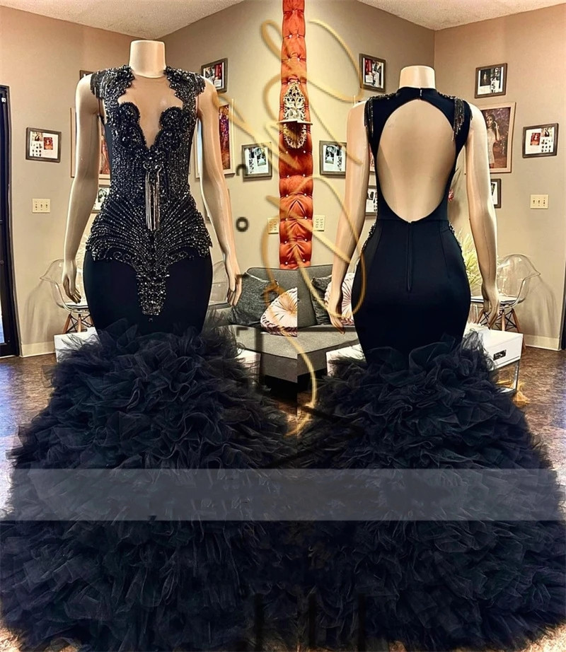 New Black Arrival Mermaid Prom Dress Beads Crystals Tassels Ruffle Formal Birthday Party Gowns Robe De Bal Open Back