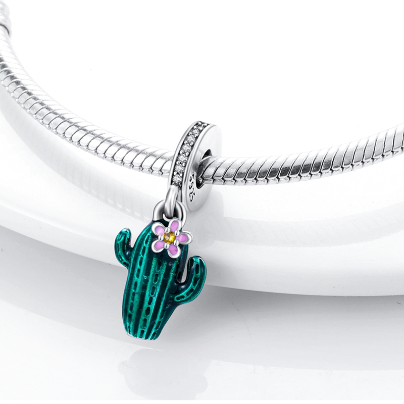 925 Sterling Silver Charm Green CZ Fairy Palm Suspension Pink Porcelain Master Beads Suitable For Ladies Bracelets Primitive Character Jewelry Gift