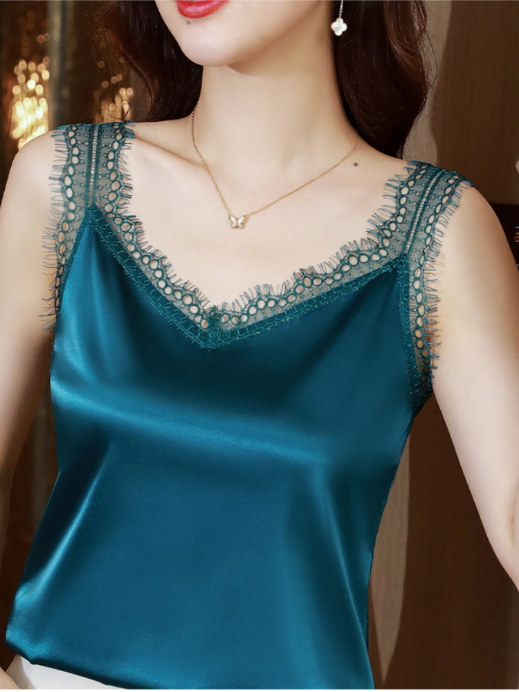 Camisoles Tanks Women's Top Women's Summer Women's Clothing Satin Lace V-Neck Sexy Shirt Solid Tank Top Women's Top White Crop Top