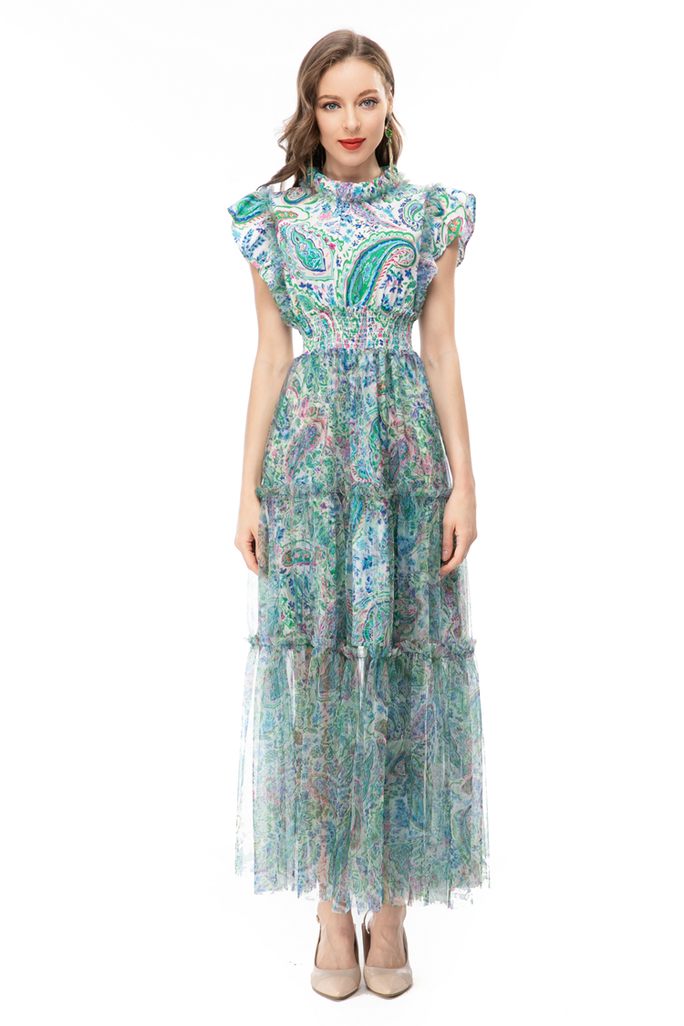 Women's Runway Dresses Stand Collar Sleeveless Printed Elastic Waist Ruffles High Street Fashion Vestidos