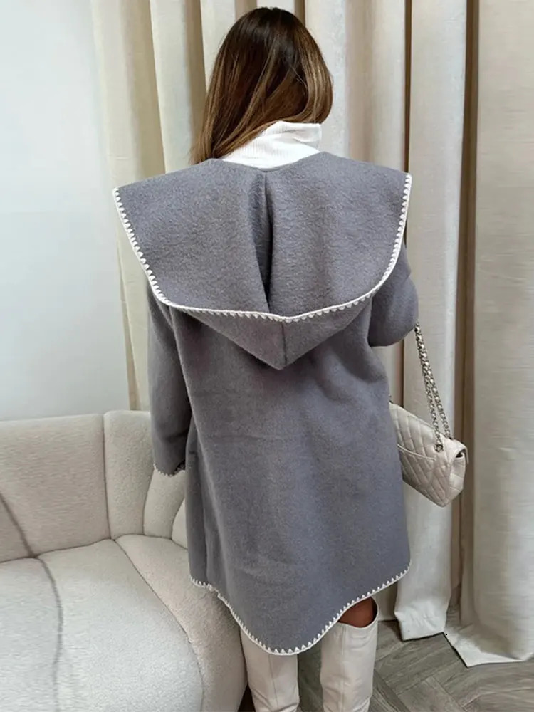 Womens Wool Blends Women Fleece Splied Hooded Coat Elegant Plush Quilted Pocket Warm Jacket Loose Chic Streetwear Outwear Autumn Winter 231110