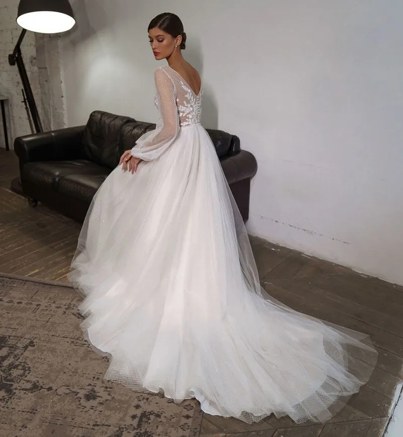 Bohemian Lace Wedding Dresses 2024 V-Neck Appliques Puff Sleeves Bridal Formal Gowns Vestidos De Noiva Boho Chic