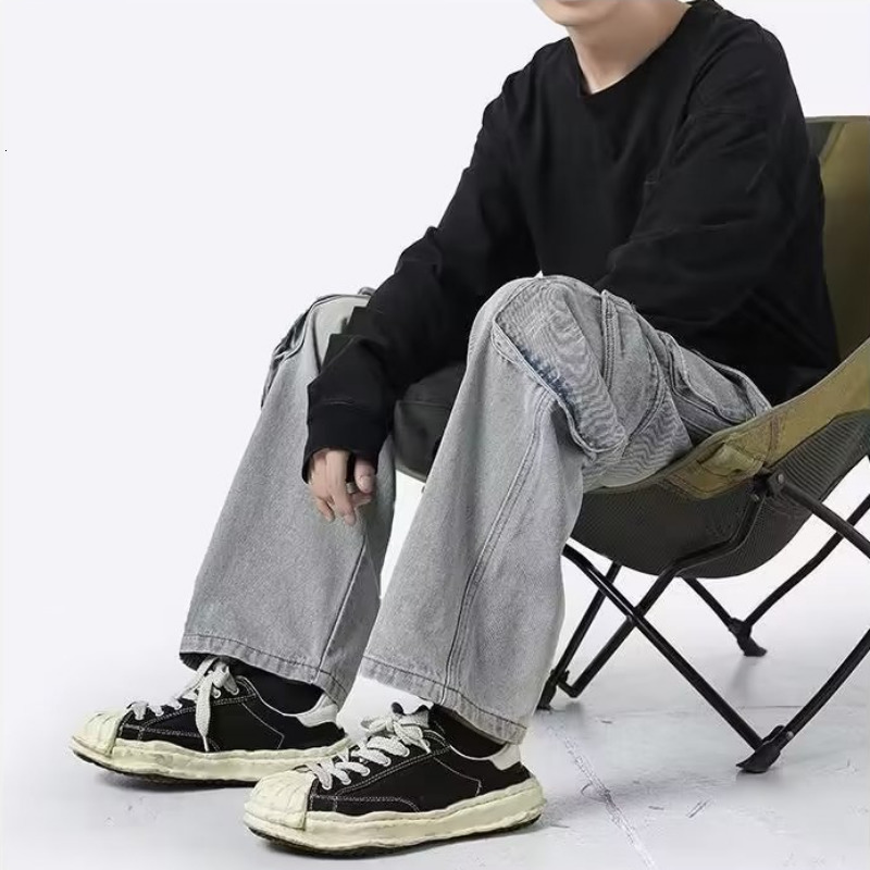 Men's Jeans DEEPTOWN Vintage Cargo for Men Loose Multipocket Denim Pants Distressed Straight Trousers Male Retro Streetwear Hip Hop 230410