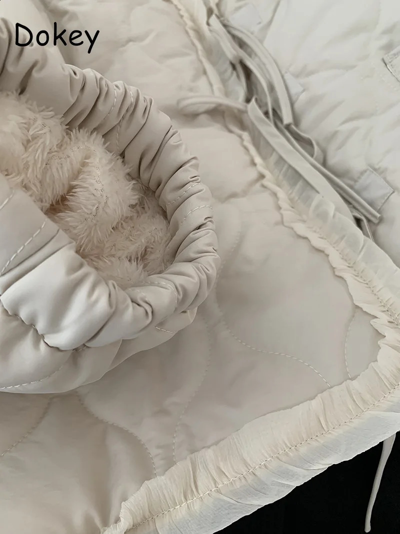 Women's Down Parkas Japanese Laceup Kawaii Cotton Jacket Women Sweet Vintage Ruffled Pink Y2k Trendy Lolita Winter Plush Warm Casual Outwear 2311