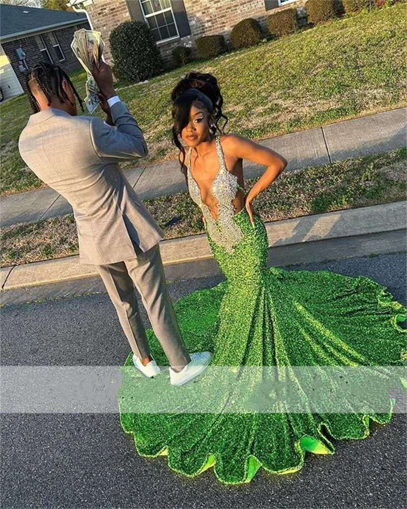Glitter Green Sequins Long Mermaid Prom Dresses For Black Girls 2023 Beaded Crystal Straps Sparkly Birthday Party Gowns Robe De Bal