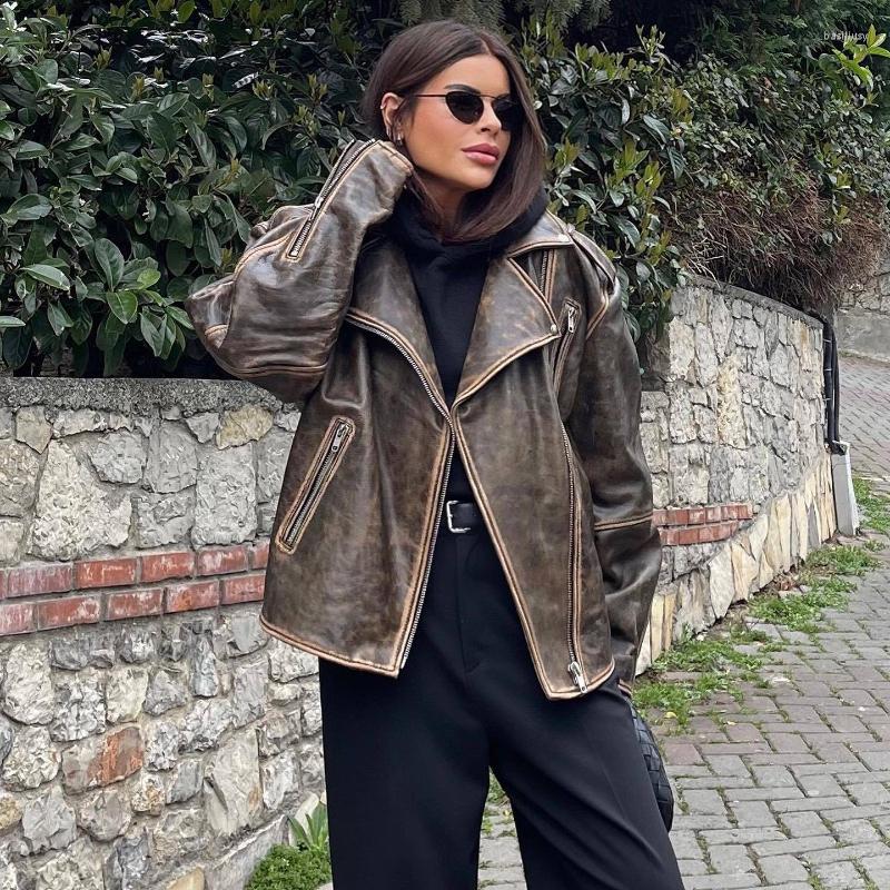 Women's Leather RR2478 Streetwear Worn Effect Bike Jackets For Women Oversized Boyfriend PU Jacket Loose Zipper Brown Coat