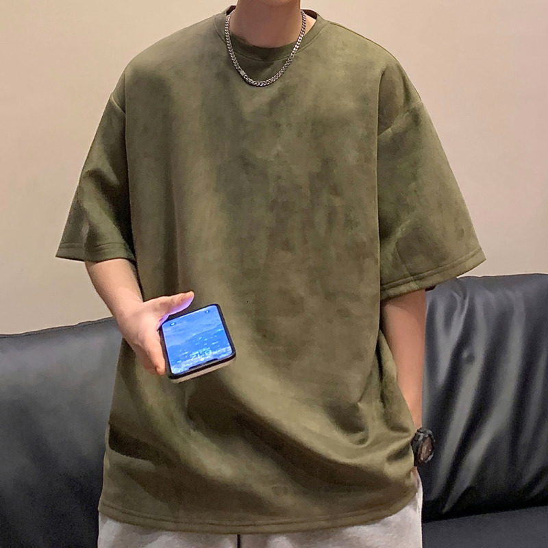 Men's T-Shirts Privatinker American retro men's T-shirt suede solid color loose fitting fashion top casual short sleeved men's T-shirt 