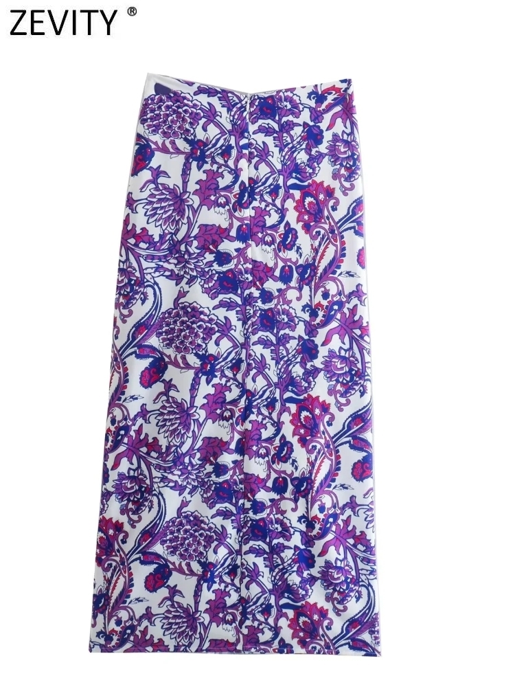 Skirts Zevity Women's Vintage Purple Paisley Flower Print Knot Sarong Midi Skirt Faldas Printed Women's Fashion Back Zipper Vestidos QUN1889