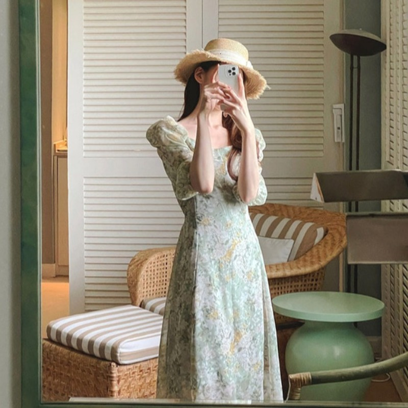 Casual Dresses Korean Fashion Ultra Thin High Waist Square Neck Flower Chiffon Dress Women's Short Sleeve Fashion Vesido De Mujer Sexy 230410