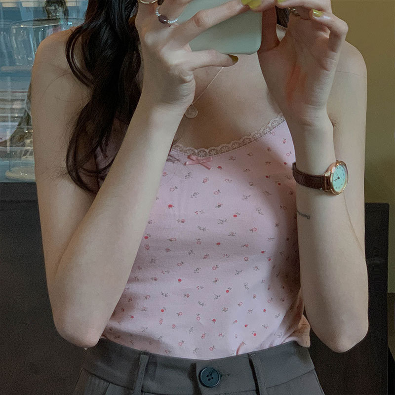 Camisoles Tanks Camisole Women's Sexy Top Summer Short Top Vintage Lace Slim Warm Joker Women's Bottom Cute Women's Print Camis 230410