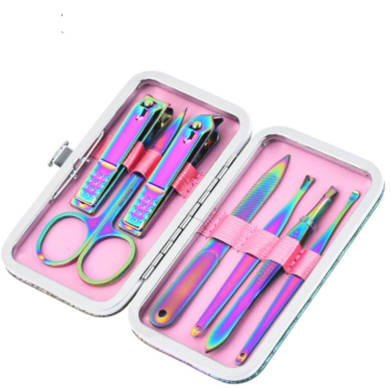 Image of Rainbow Shiny Color 1 Set of 7 pcs Hand Care Nail Clipper Cuticle Nipper Fingernail Stainless Steel Tool