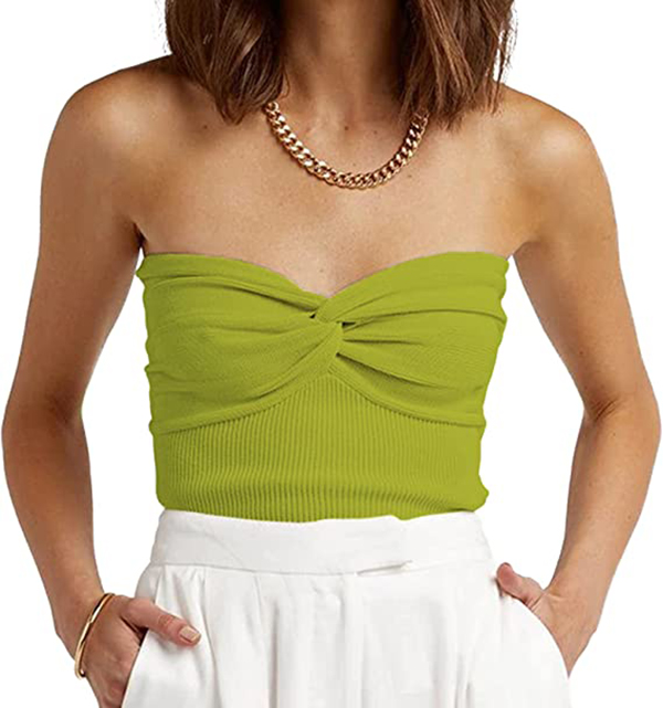 Womens Strapless Crop Top Sweetheart Neck Ribbed Knit Twisted Knot Front Sleeveless Y2K CamisoleTanks Top