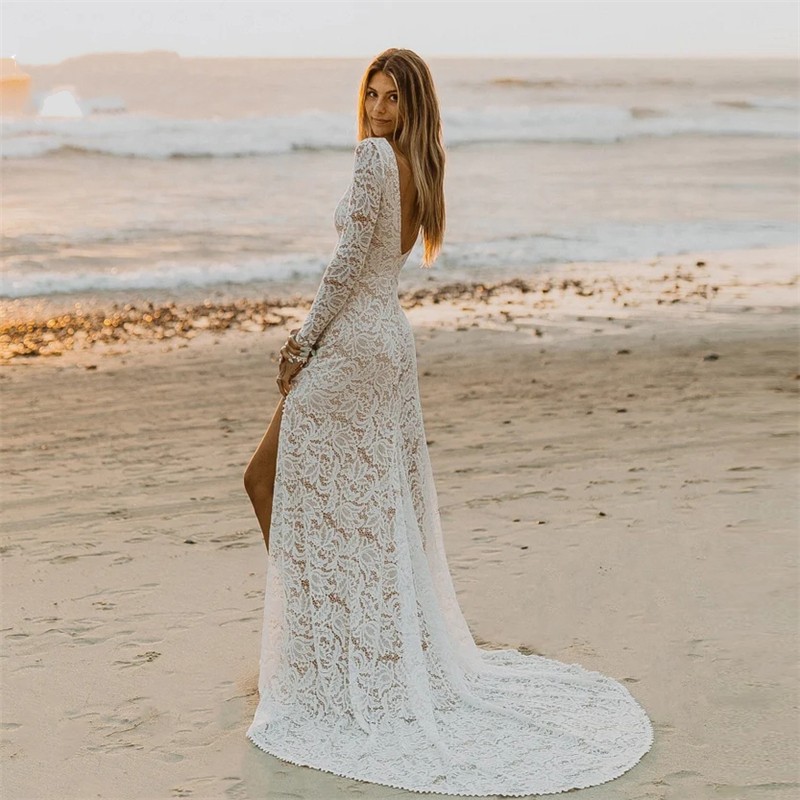 Lace Boho Wedding Dress for Women 2023 Long Sleeve Side Slit Backless Beach Bride Dresses Bridal Gowns Vestido De Noiva Mariage Sexy