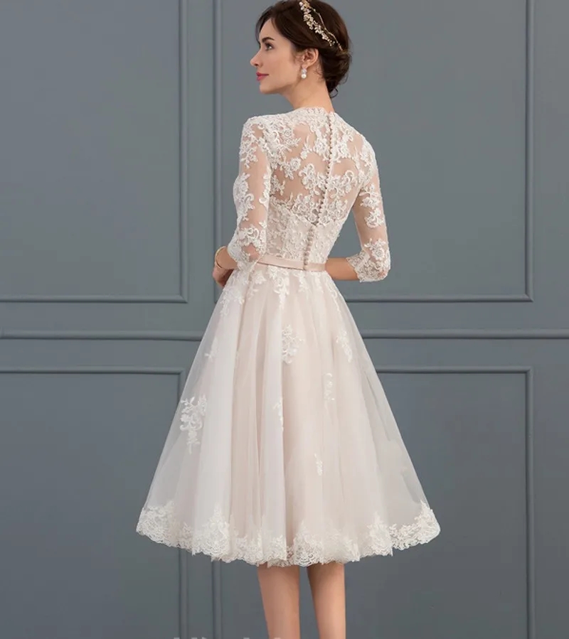 Classic Short Wedding Dress 2024 A-e V-neck Half Sleeves Knee-Length Tulle Lace Garden Bridal Gown Bride Shower Vestidos De Noiva