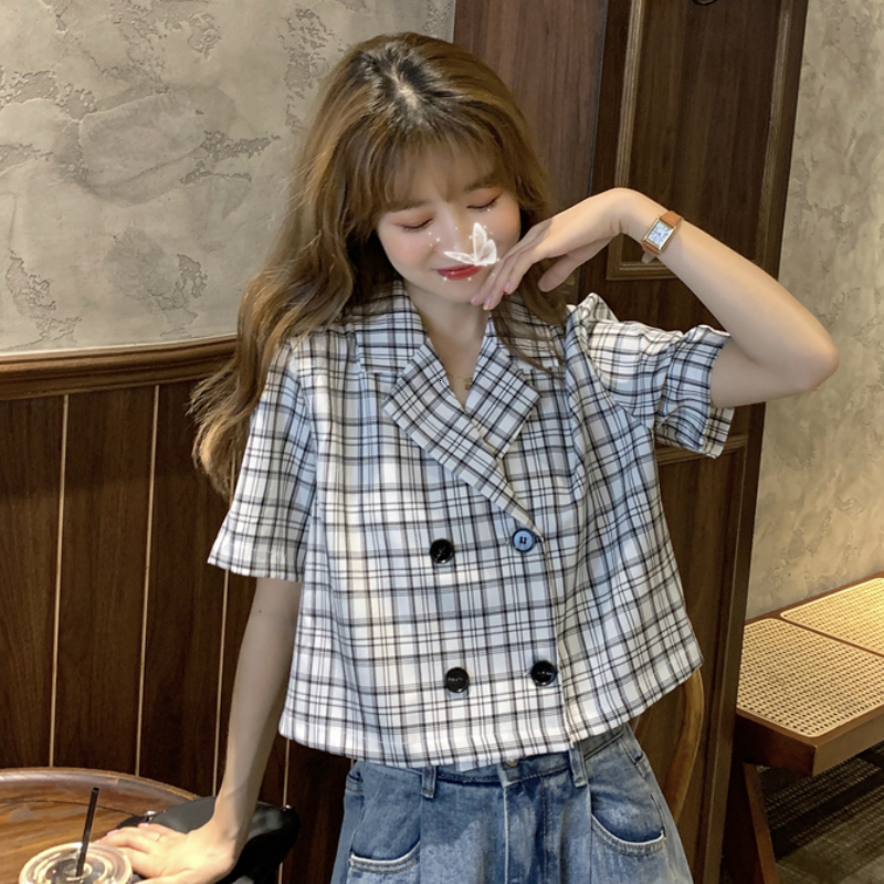 Women's Blouses Shirts Loose fitting women's plain top retro Korean sweetheart notch Ins fashionable slim casual chic summer loose fitting 2